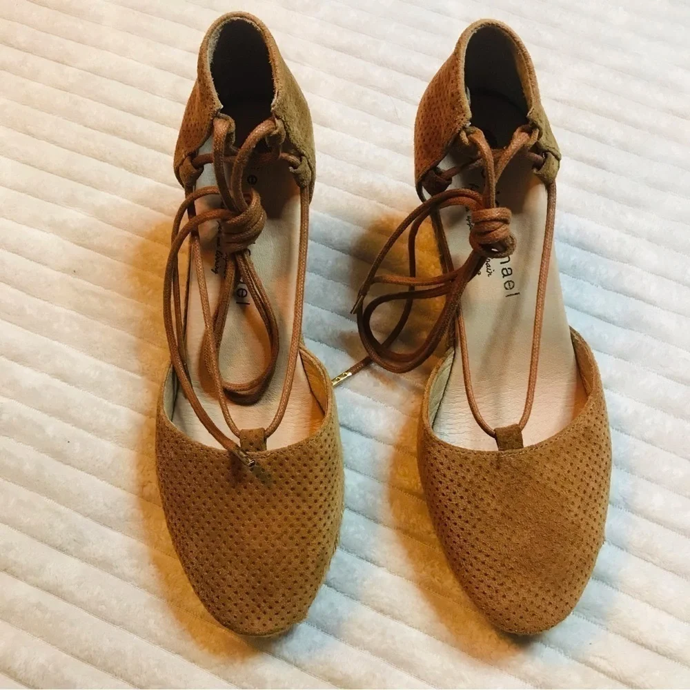 Eric Michael Sam Wedge Espadrilles Lace Up Tan Platform Sandals Size 39 9